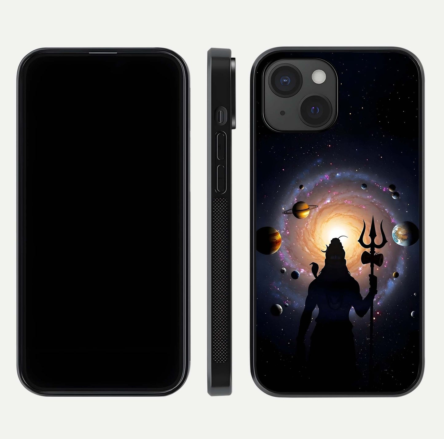Galactic Shiva Vision Glass Case for iPhone 15 front and back view layout showing celestial background and polished curved glass