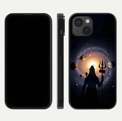 Galactic Shiva Vision Glass Case for iPhone 15 front and back view layout showing celestial background and polished curved glass