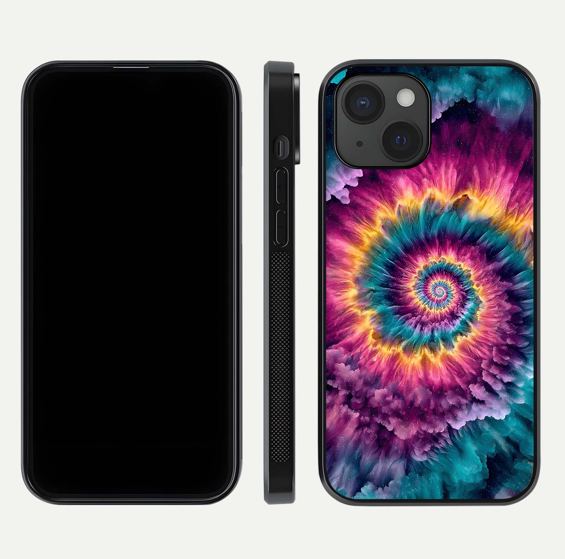 Galactic Spiral Burst Glass Case for iPhone 15 front and back view layout highlighting cosmic swirl and curved edges