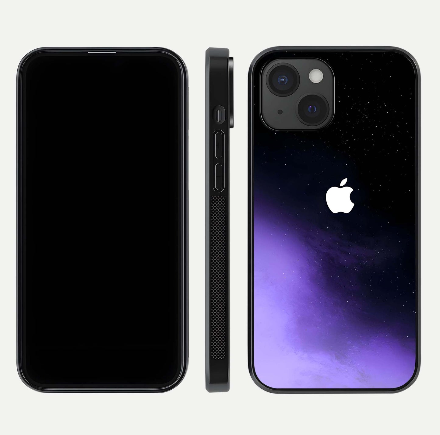 Galaxy Apple Aura Glass Case for iPhone 15 front and back view layout displaying cosmic tones and premium curved glass edges