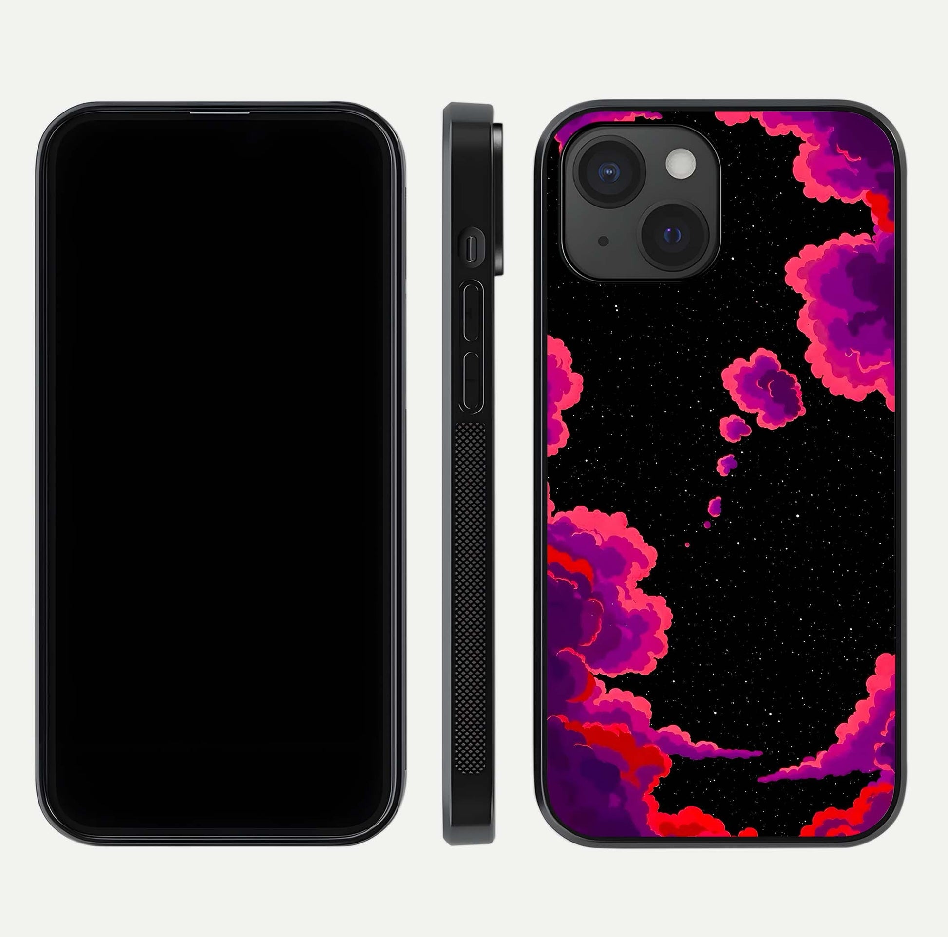 Galaxy Dream Frame Glass Case for iPhone 15 front and back view layout highlighting cosmic design and smooth glass curvature