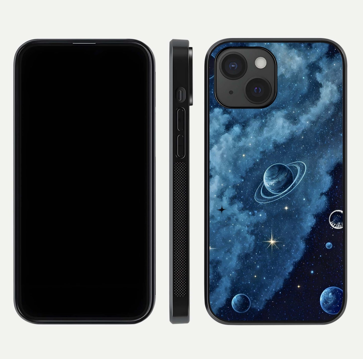 Galaxy Dream Space Glass Case for iPhone 15 front and back view layout showing deep-space tones and curved edges