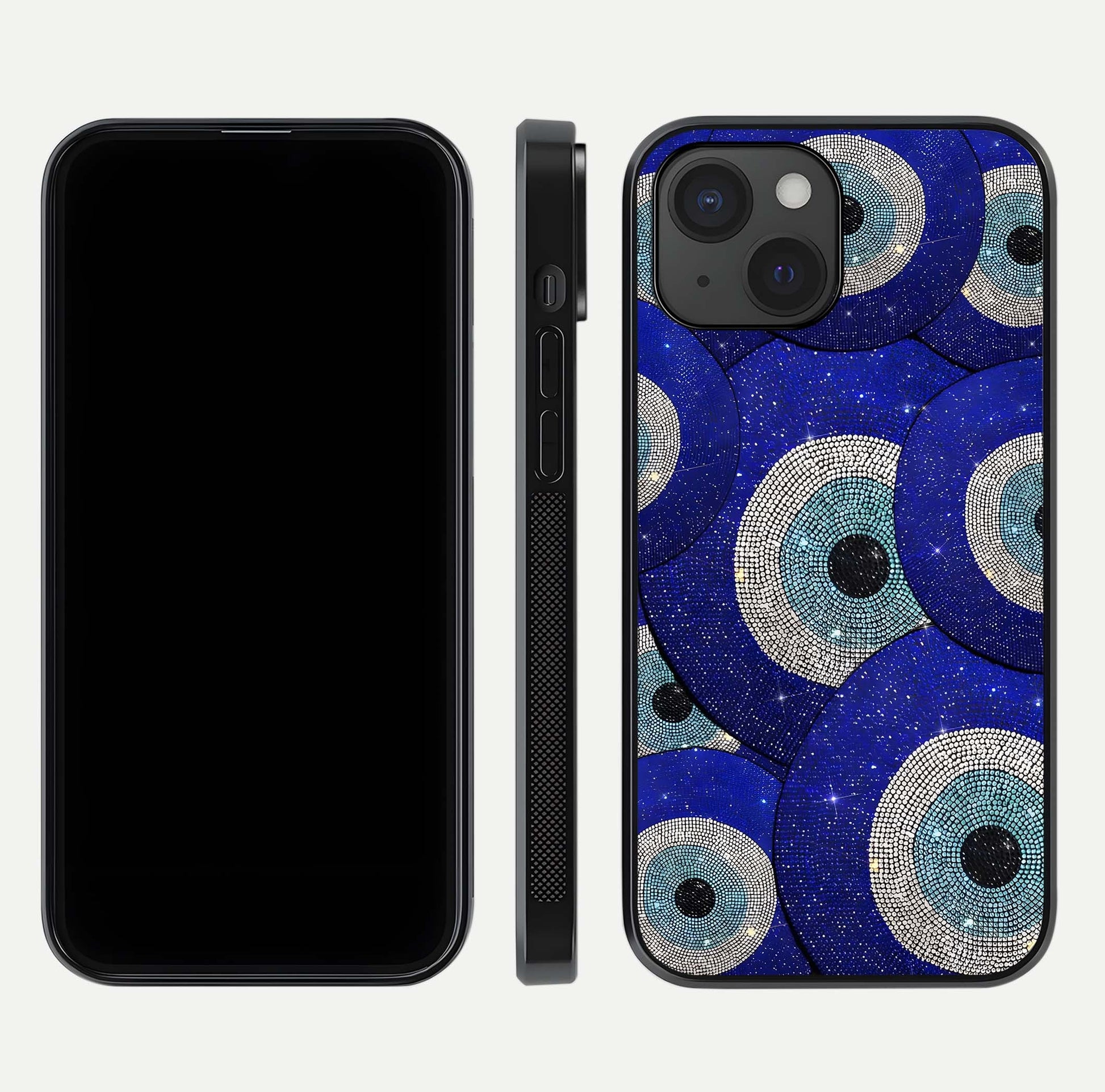 Galaxy Eye Flow Glass Case for iPhone 15 front and back view layout displaying cosmic art and curved glass borders