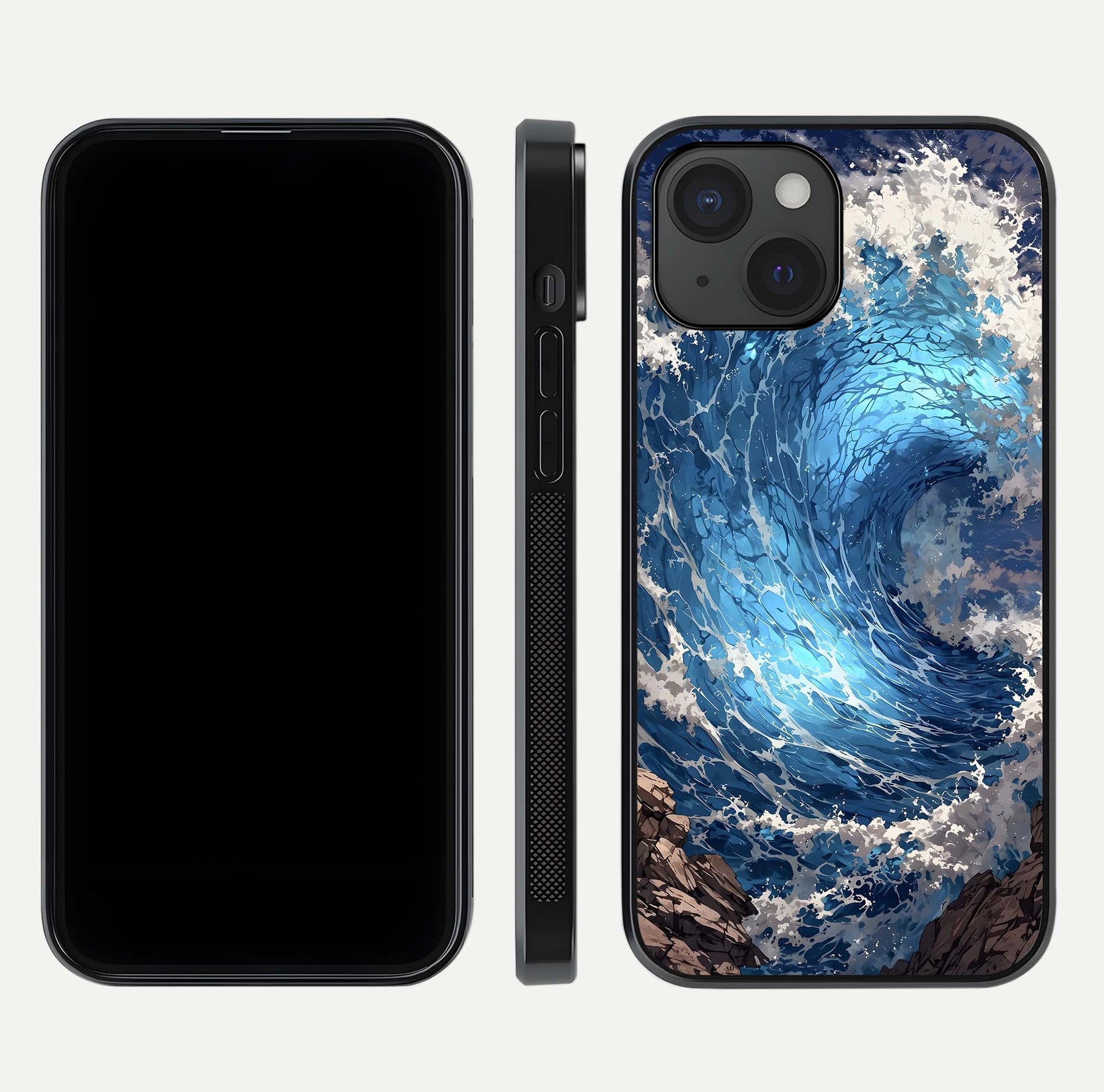 Giant Ocean Wave Glass Case for iPhone 15 front and back view layout displaying sea tones and smooth curved edges