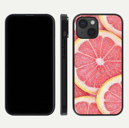 Glitter Grapefruit Glass Case for iPhone 15 front and back view layout highlighting citrus hues and smooth glass