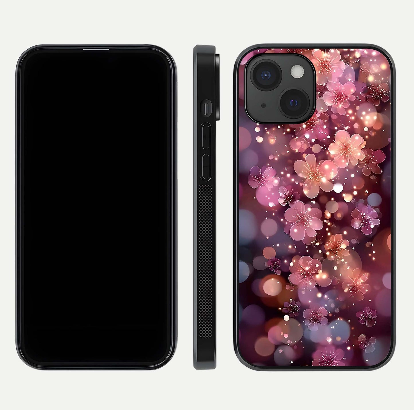 Glowing Petal Bliss Glass Case for iPhone 15 front and back view layout displaying artistic floral design and curved glass