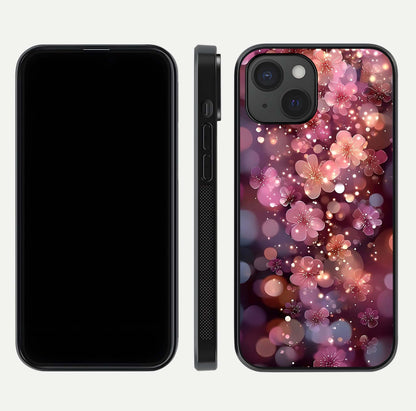 Glowing Petal Bliss Glass Case for iPhone 15 front and back view layout displaying artistic floral design and curved glass