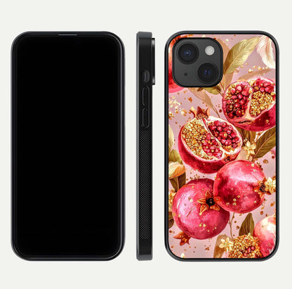 Golden Bloom Glow Glass Case for iPhone 15 front and back view layout highlighting luxury floral pattern and curved edges