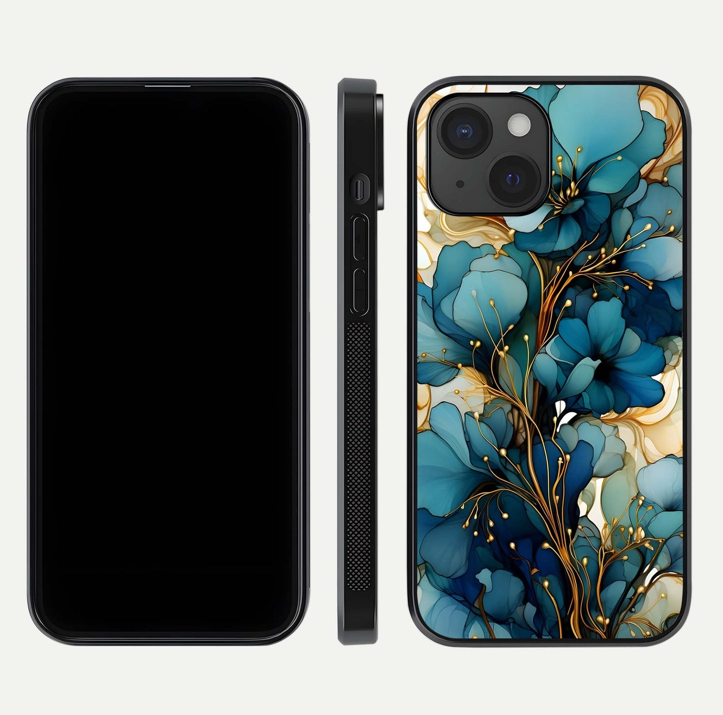 Golden Bloom Symphony Glass Case for iPhone 15 front and back view layout highlighting rich floral tones and curved glass edges