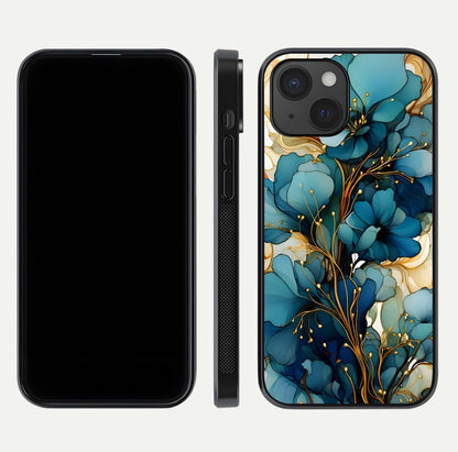 Golden Bloom Symphony Glass Case for iPhone 15 front and back view layout highlighting rich floral tones and curved glass edges