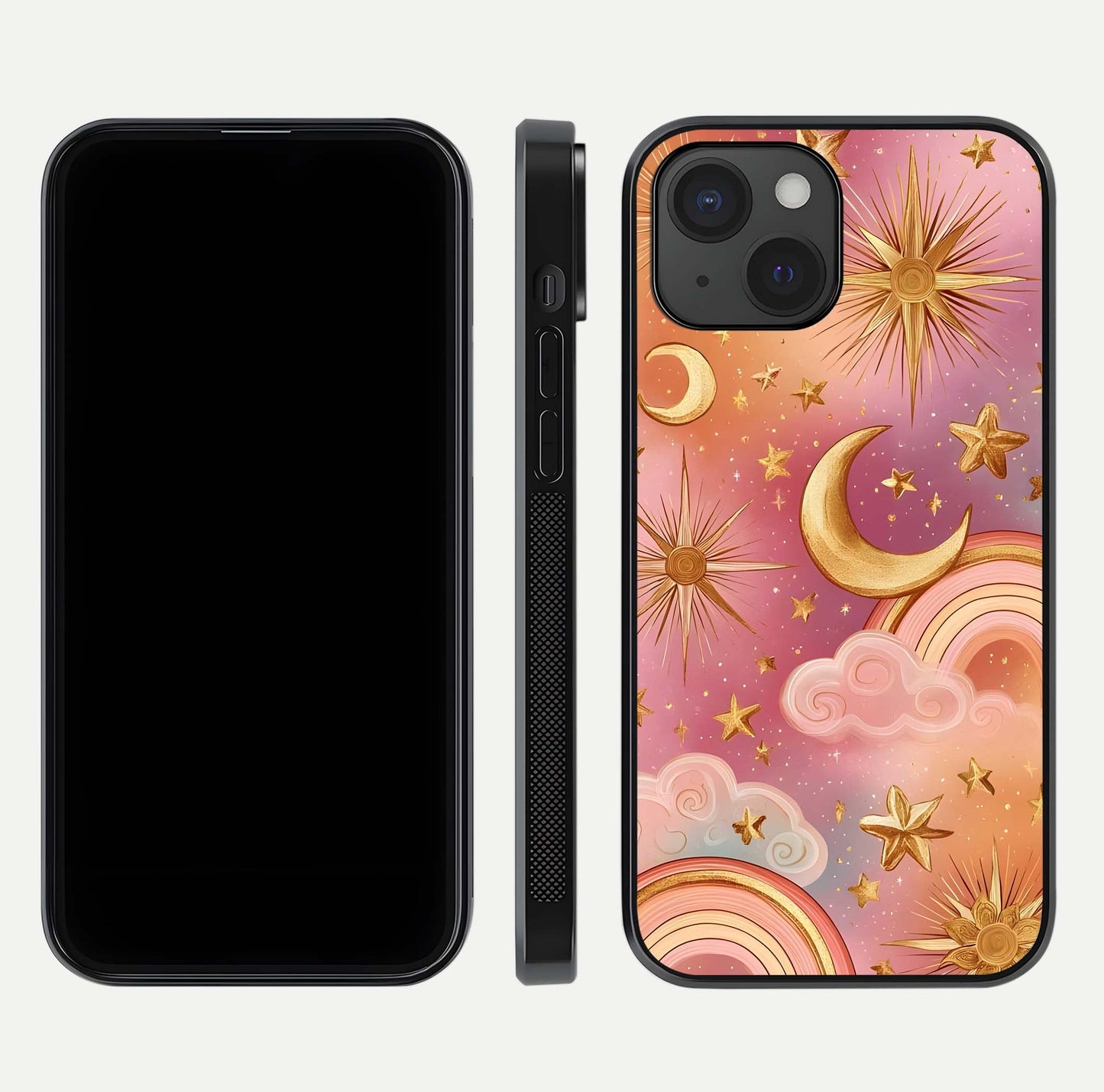 Golden Celestial Dreams Glass Case for iPhone 15 front and back view layout highlighting celestial motifs and smooth curved edge