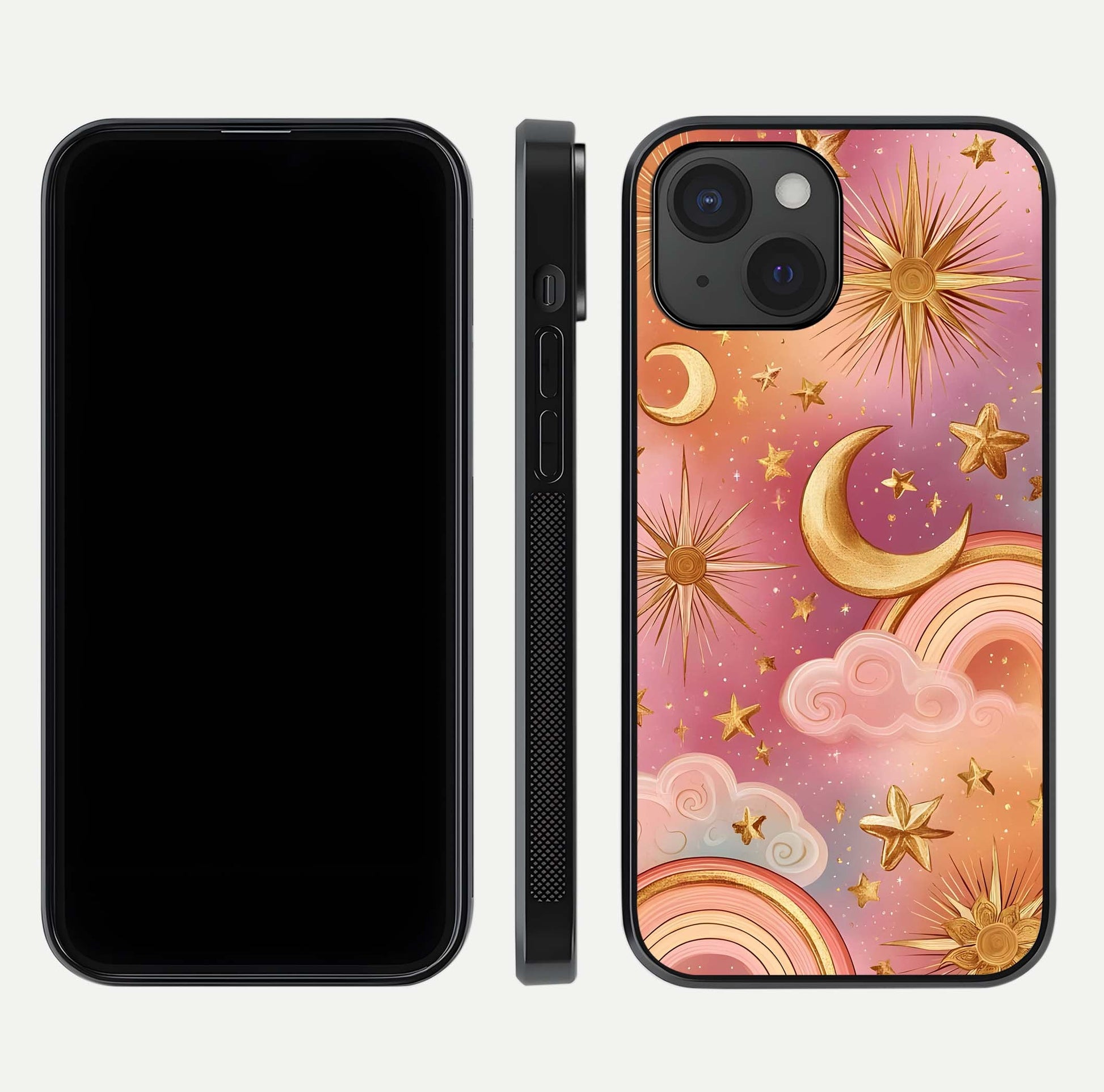 Golden Celestial Dreams Glass Case for iPhone 15 front and back view layout highlighting celestial motifs and smooth curved edge