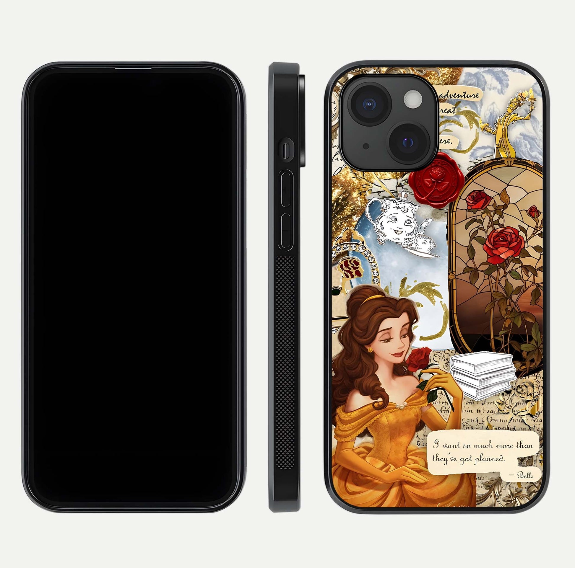 Golden Dream Belle Glass Case for iPhone 15 front and back view layout displaying dreamy golden theme and smooth curvature