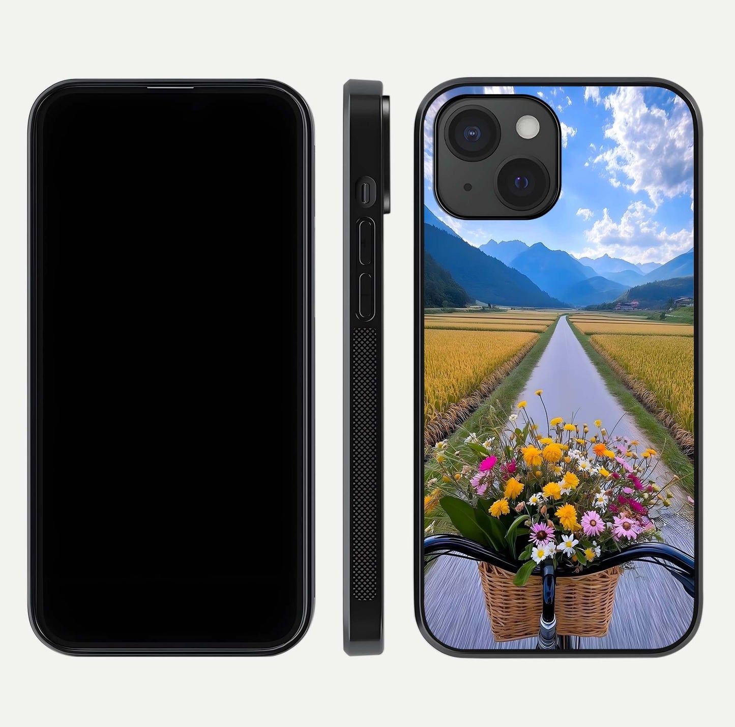 Golden Field Journey Glass Case for iPhone 15 front and back view layout highlighting natural gradient and smooth glass finish