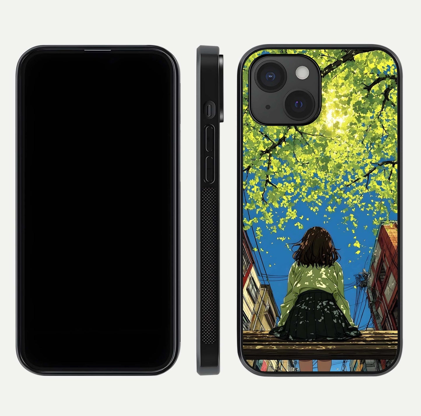 Golden Leaves Glow Glass Case for iPhone 15 front and back view layout highlighting glowing tones and curved edges