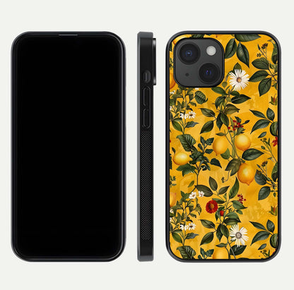 Golden Lemon Field Glass Case for iPhone 15 front and back view layout highlighting fruity tones and curved glass edges