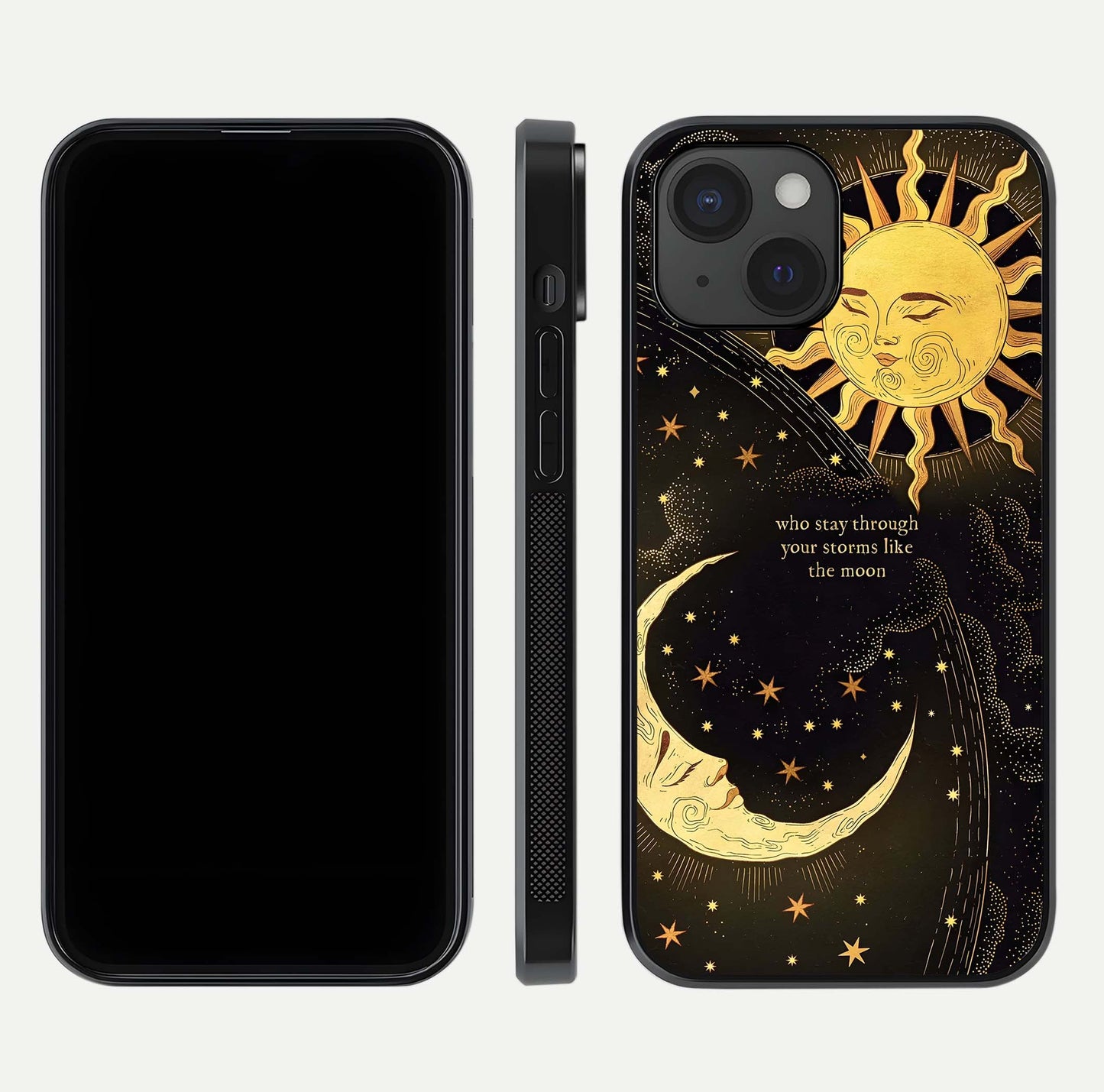 Golden Lunar Love Glass Case for iPhone 15 front and back view layout highlighting celestial tones and curved edges