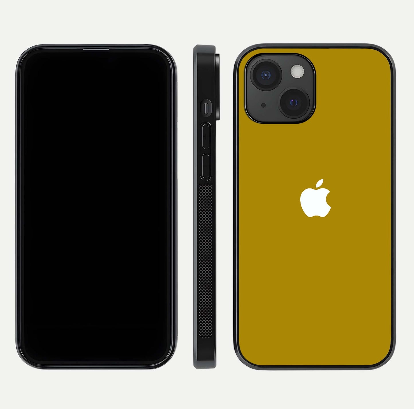 Golden Luxe Aura Glass Case for iPhone 15 front and back view layout highlighting premium tone and curved glass