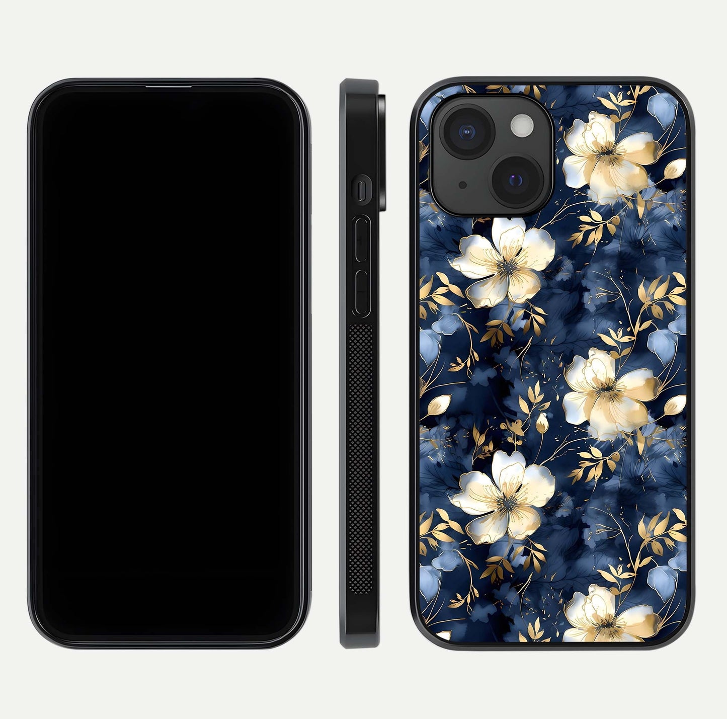 Golden Midnight Bloom Glass Case for iPhone 15 front and back view layout highlighting dark-gold tones and smooth curves
