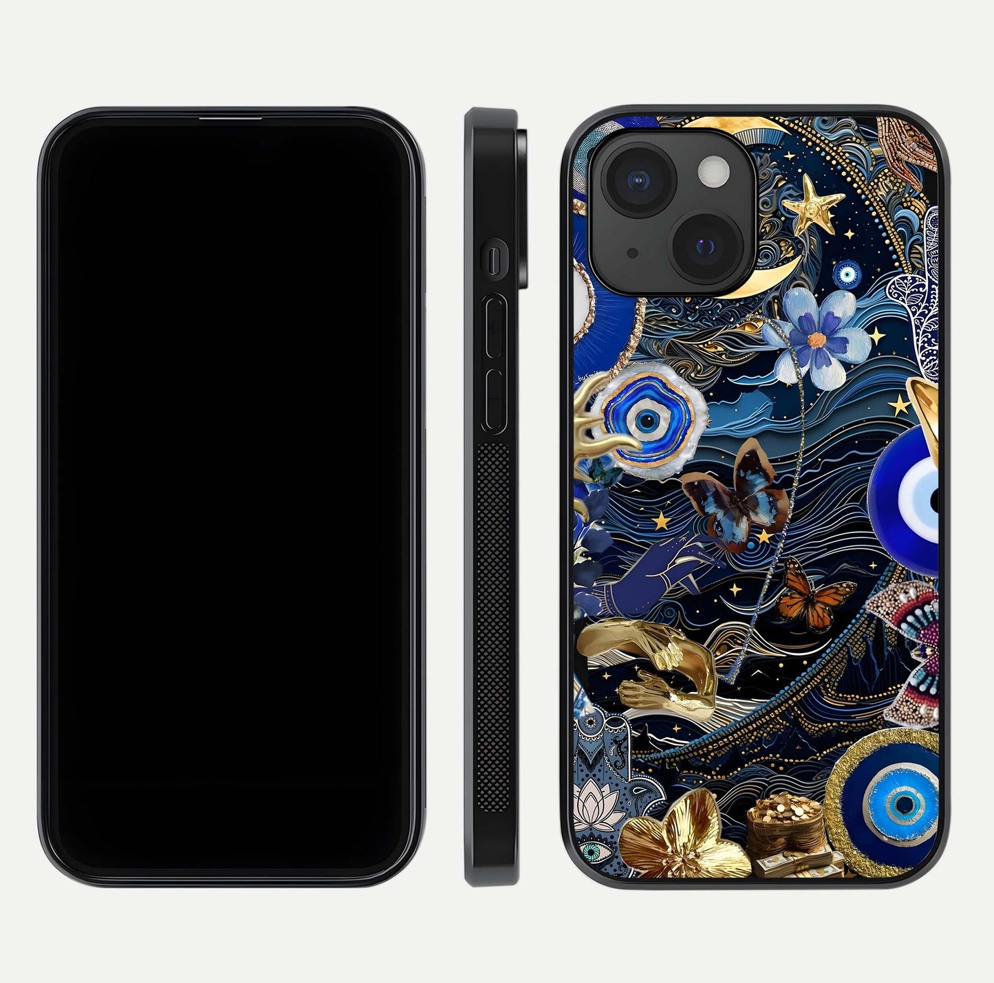 Golden Moon Magic Glass Case for iPhone 15 front and back view layout highlighting celestial tones and curved glass