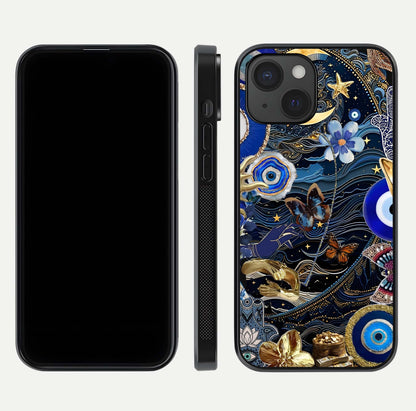 Golden Moon Magic Glass Case for iPhone 15 front and back view layout highlighting celestial tones and curved glass