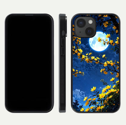 Golden Night Glow Glass Case for iPhone 15 front and back view layout displaying metallic glow and curved glass edge