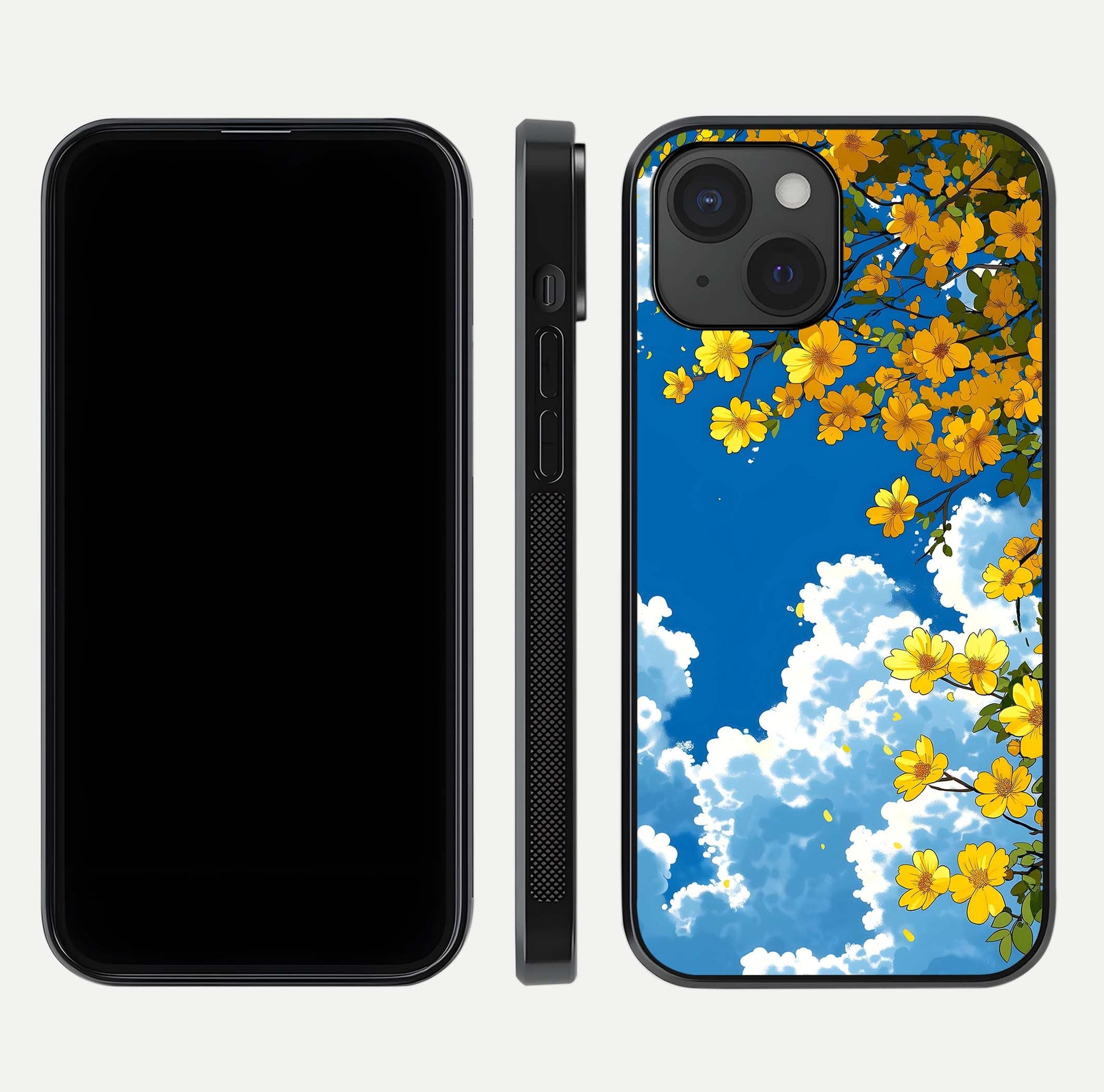 Golden Petal Sky Glass Case for iPhone 15 front and back view layout highlighting floral pattern and curved glass edges