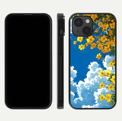 Golden Petal Sky Glass Case for iPhone 15 front and back view layout highlighting floral pattern and curved glass edges