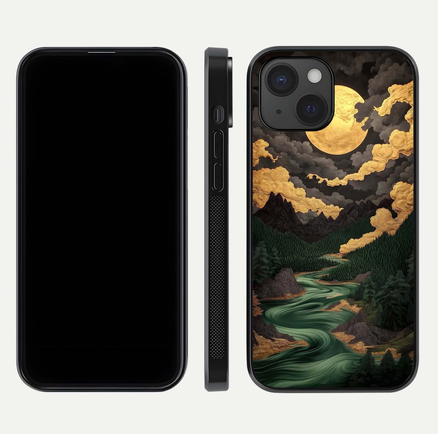 Golden River Moon Glass Case for iPhone 15 front and back view layout displaying celestial glow and smooth curves