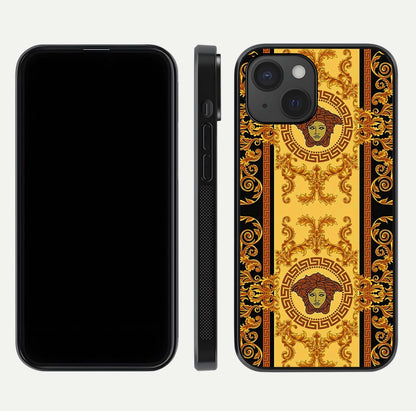 Golden Royal Heritage Glass Case for iPhone 15 front and back view layout displaying ornate gold texture and curved edges