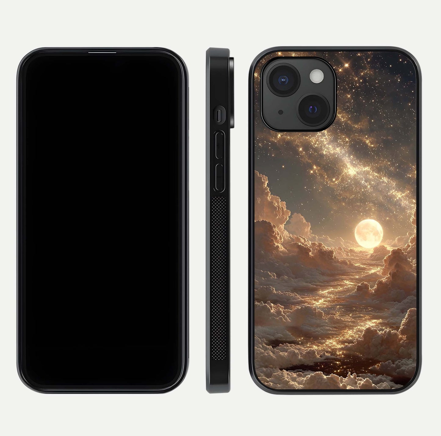 Golden Sky Dream Glass Case for iPhone 15 front and back view layout highlighting celestial gold hues and curved glass