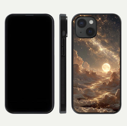 Golden Sky Dream Glass Case for iPhone 15 front and back view layout highlighting celestial gold hues and curved glass