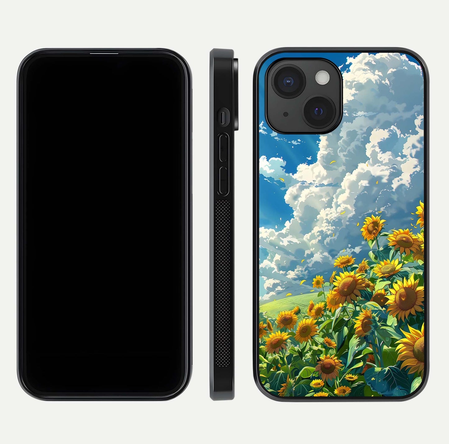 Golden Sun Glory Glass Case for iPhone 15 front and back view layout displaying bright golden tones and curved edges