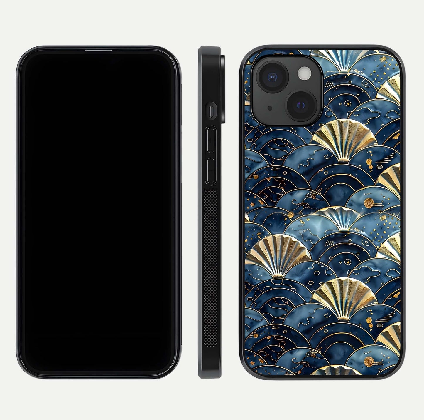 Golden Wave Luxe Glass Case for iPhone 15 front and back view layout highlighting fluid gold design and curved glass