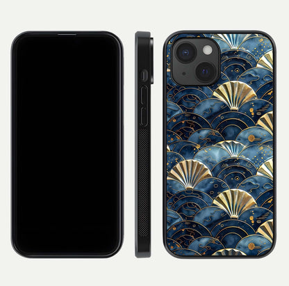 Golden Wave Luxe Glass Case for iPhone 15 front and back view layout highlighting fluid gold design and curved glass
