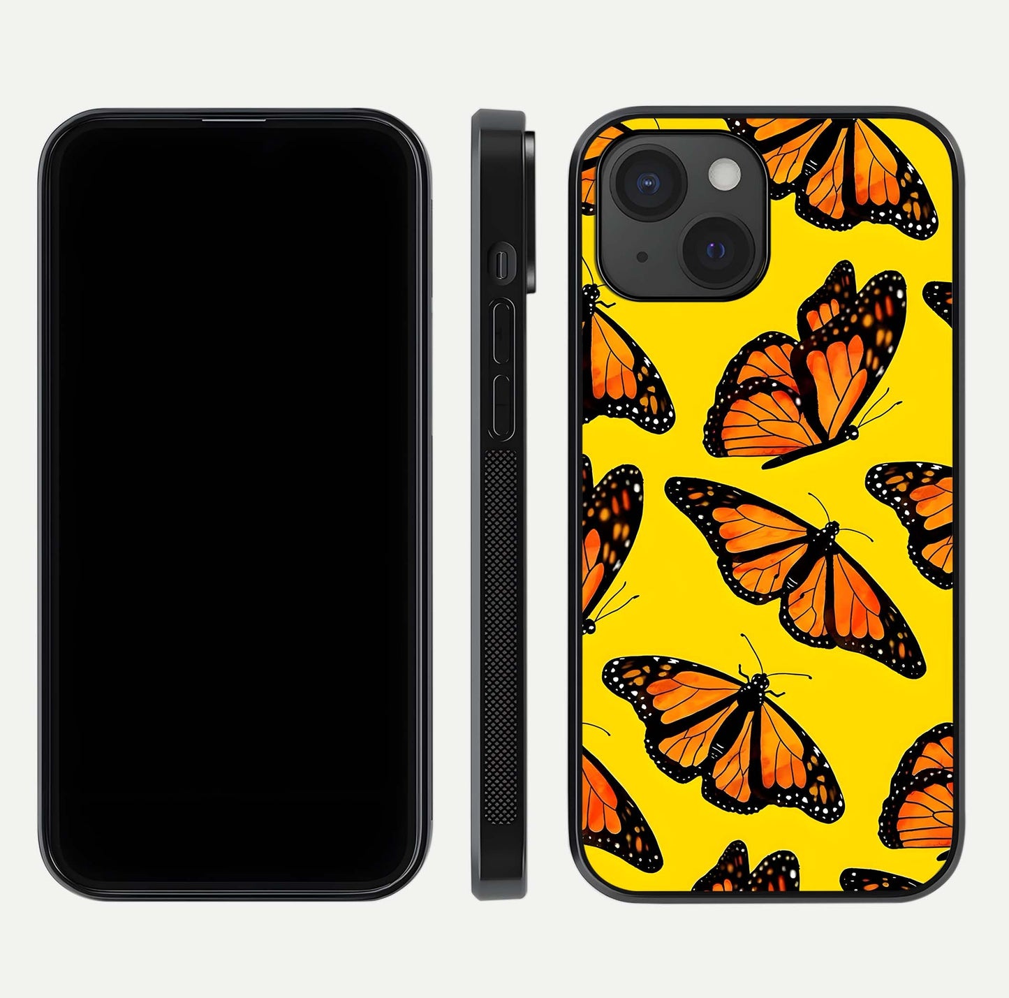 Golden Wing Flight Glass Case for iPhone 15 front and back view layout highlighting graceful lines and curved glass