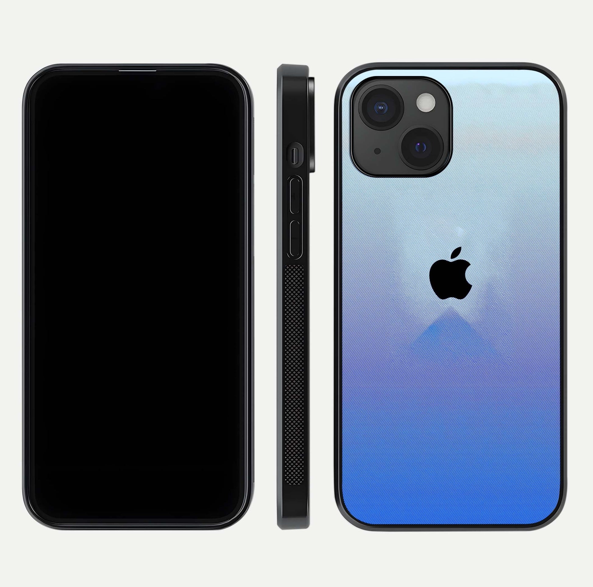 Gradient Apple Vibe Glass Case for iPhone 15 front and back view layout highlighting minimalist Apple design and curved edges