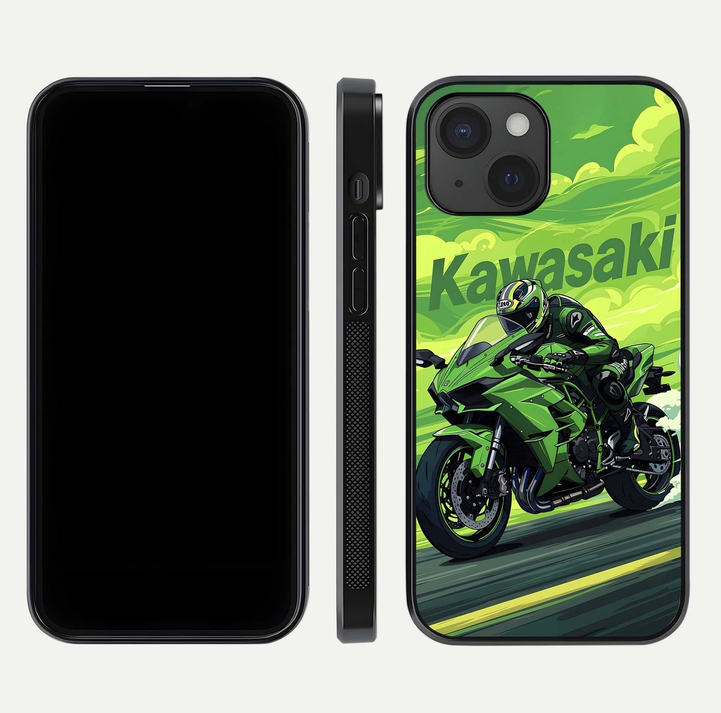 Green Kawasaki Glass Case for iPhone 15 front and back view layout highlighting vivid green tones and curved glass edges