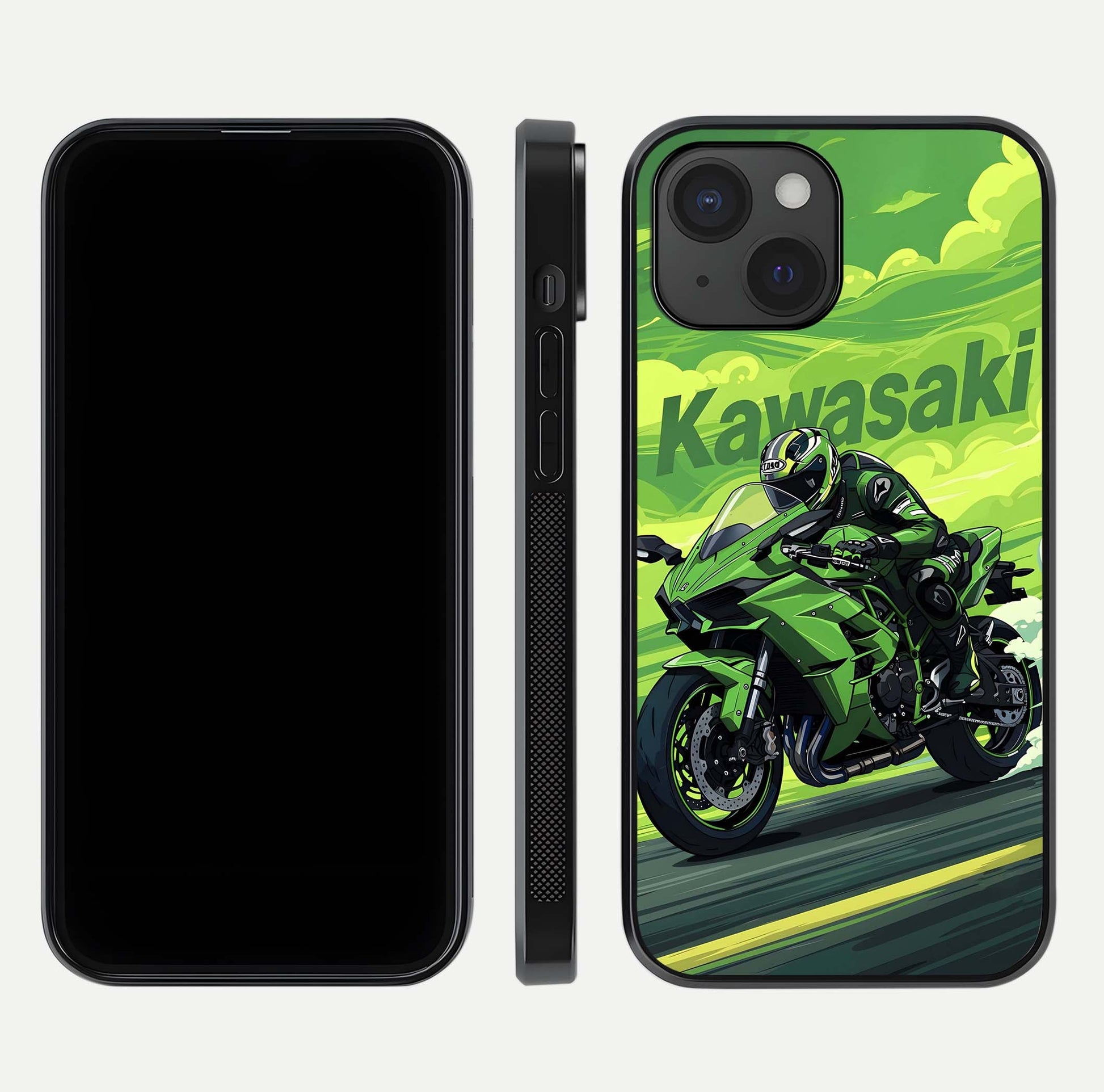 Green Kawasaki Glass Case for iPhone 15 front and back view layout highlighting vivid green tones and curved glass edges