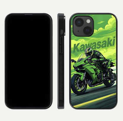 Green Kawasaki Glass Case for iPhone 15 front and back view layout highlighting vivid green tones and curved glass edges