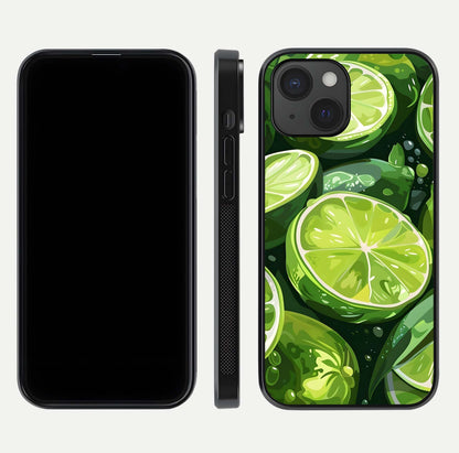 Green Lemon Glass Case for iPhone 15 front and back view layout displaying vibrant yellow-green hues and smooth edges