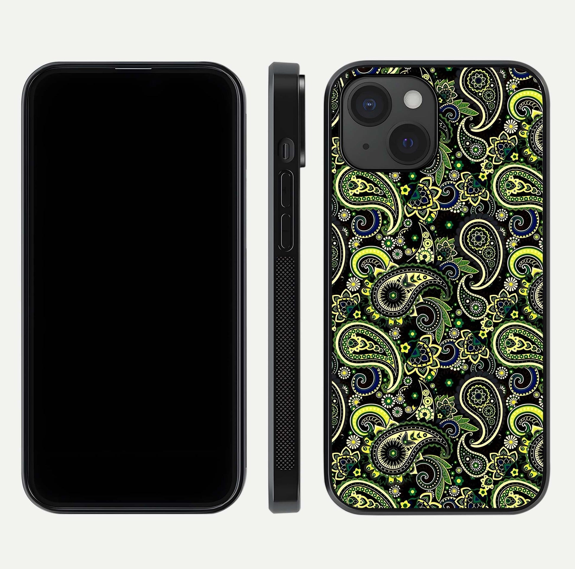 Green Mandala Pattern Glass Case for iPhone 15 front and back view layout highlighting geometric art and curved glass
