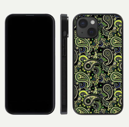 Green Mandala Pattern Glass Case for iPhone 15 front and back view layout highlighting geometric art and curved glass