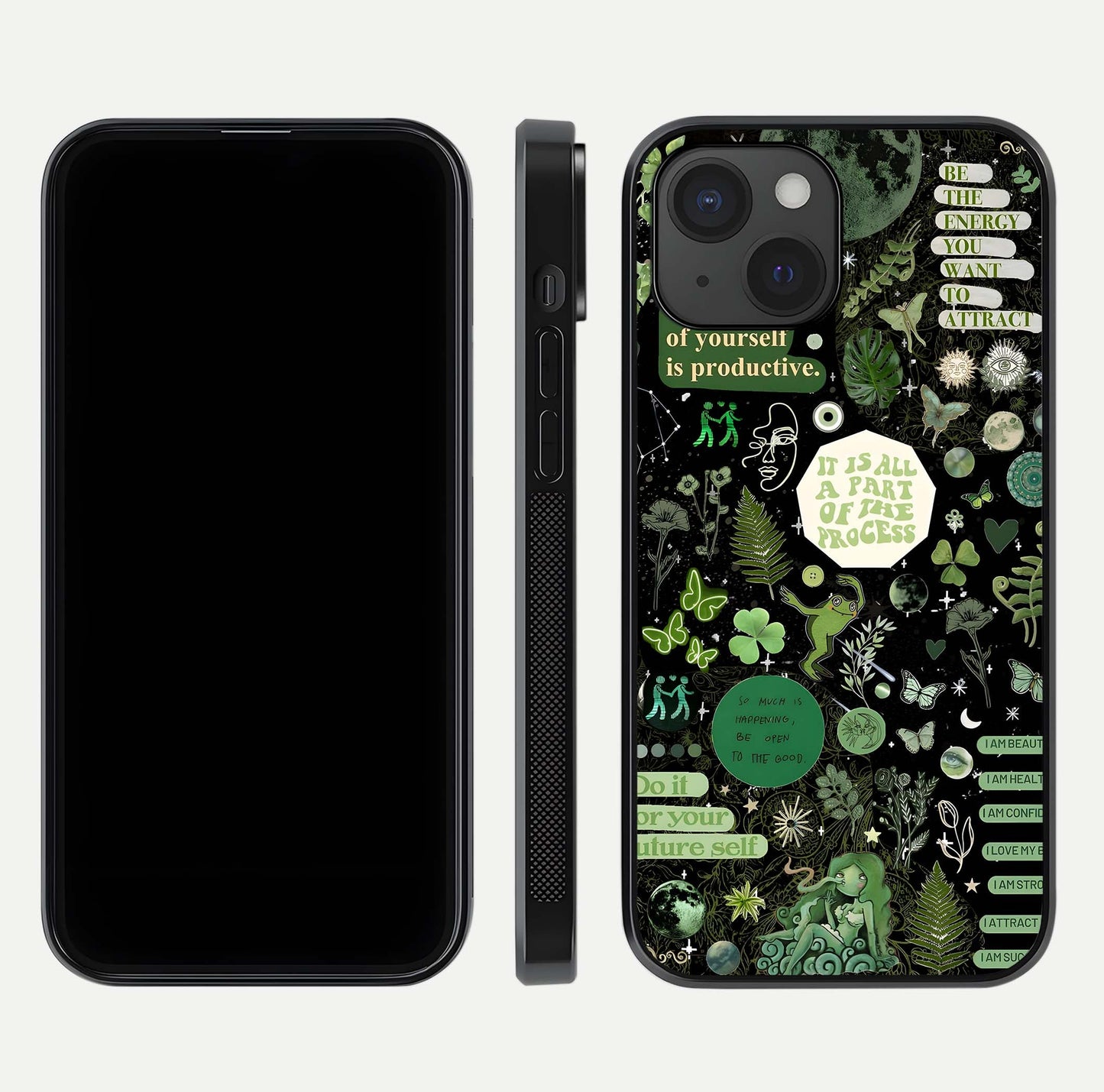 Green Moon Energy Glass Case for iPhone 15 front and back view layout highlighting cosmic tones and smooth edges