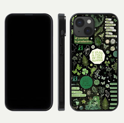Green Moon Energy Glass Case for iPhone 15 front and back view layout highlighting cosmic tones and smooth edges