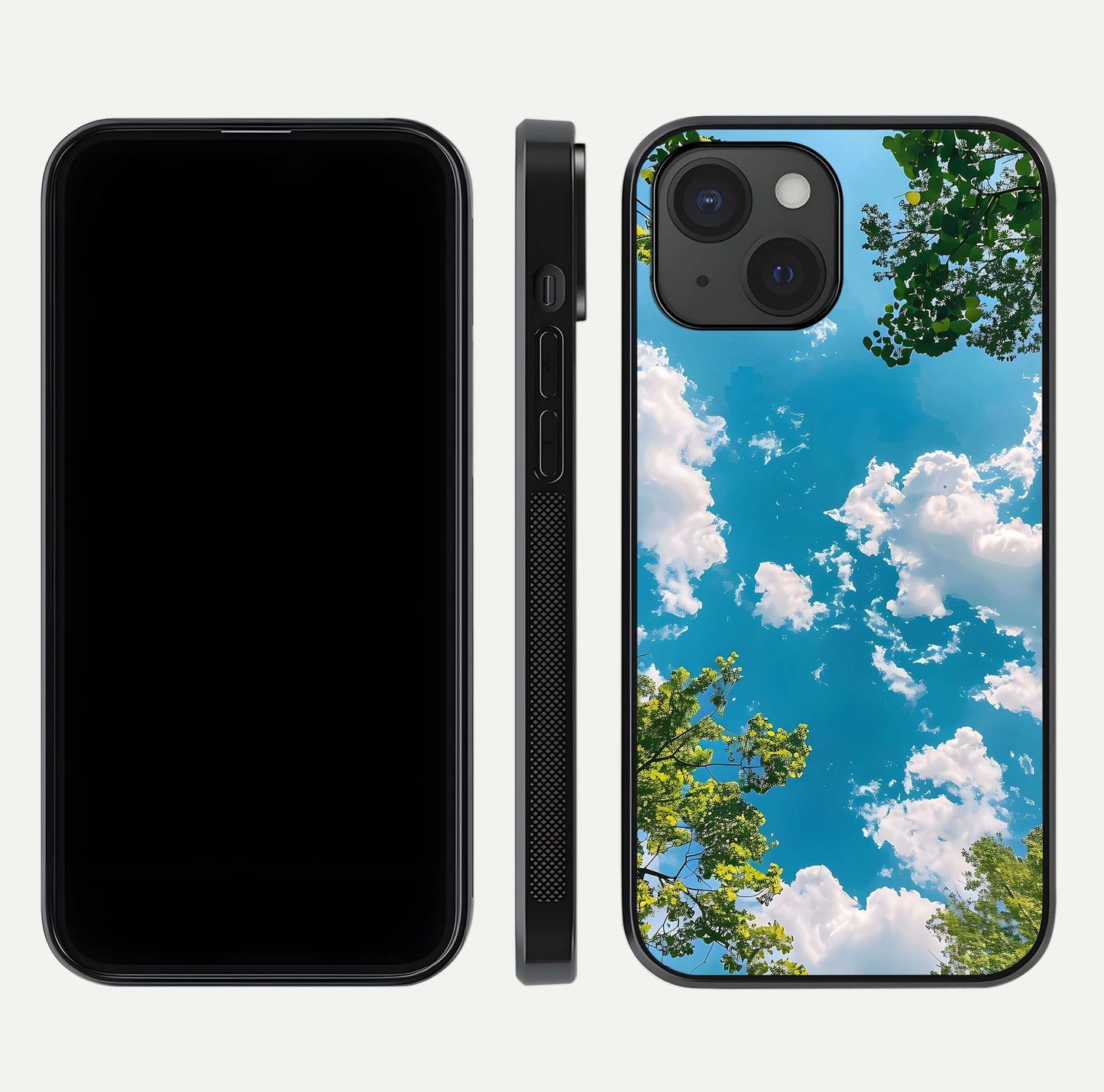 Greenery Sky Glass Case for iPhone 15 front and back view layout displaying scenic green-blue gradient and curved edges
