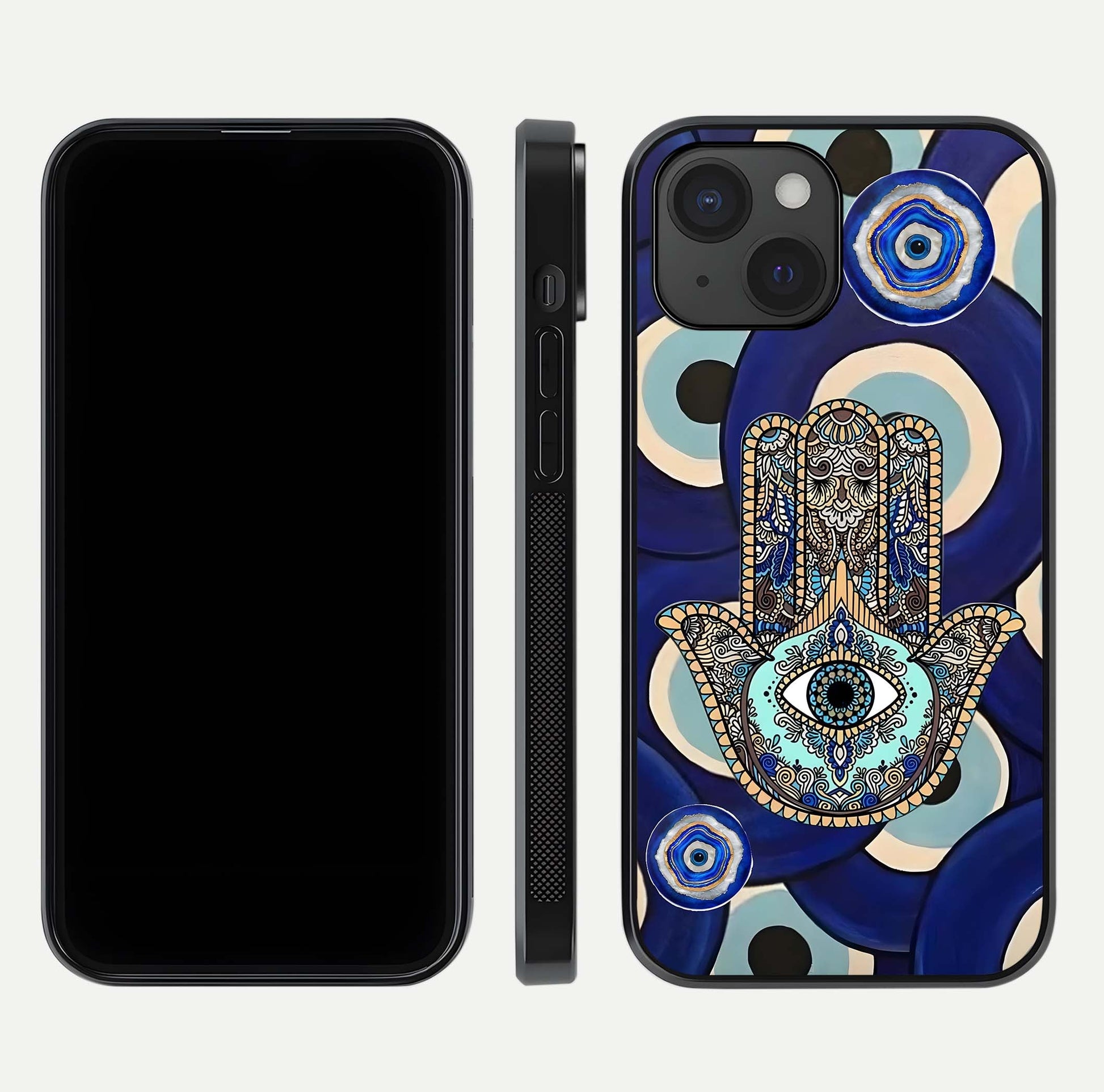 Hamsa Divine Guard Glass Case for iPhone 15 front and back view layout highlighting spiritual artwork and smooth edges