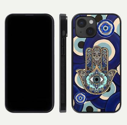 Hamsa Divine Guard Glass Case for iPhone 15 front and back view layout highlighting spiritual artwork and smooth edges