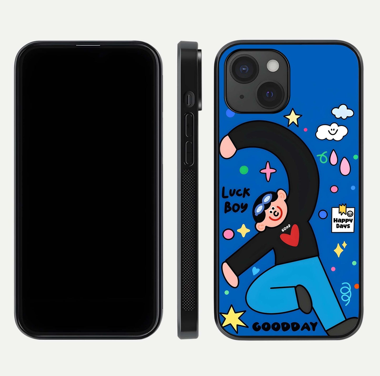 Happy Luck Vibe Glass Case for iPhone 15 front and back view layout highlighting positive motif and curved edges