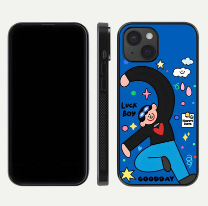 Happy Luck Vibe Glass Case for iPhone 15 front and back view layout highlighting positive motif and curved edges